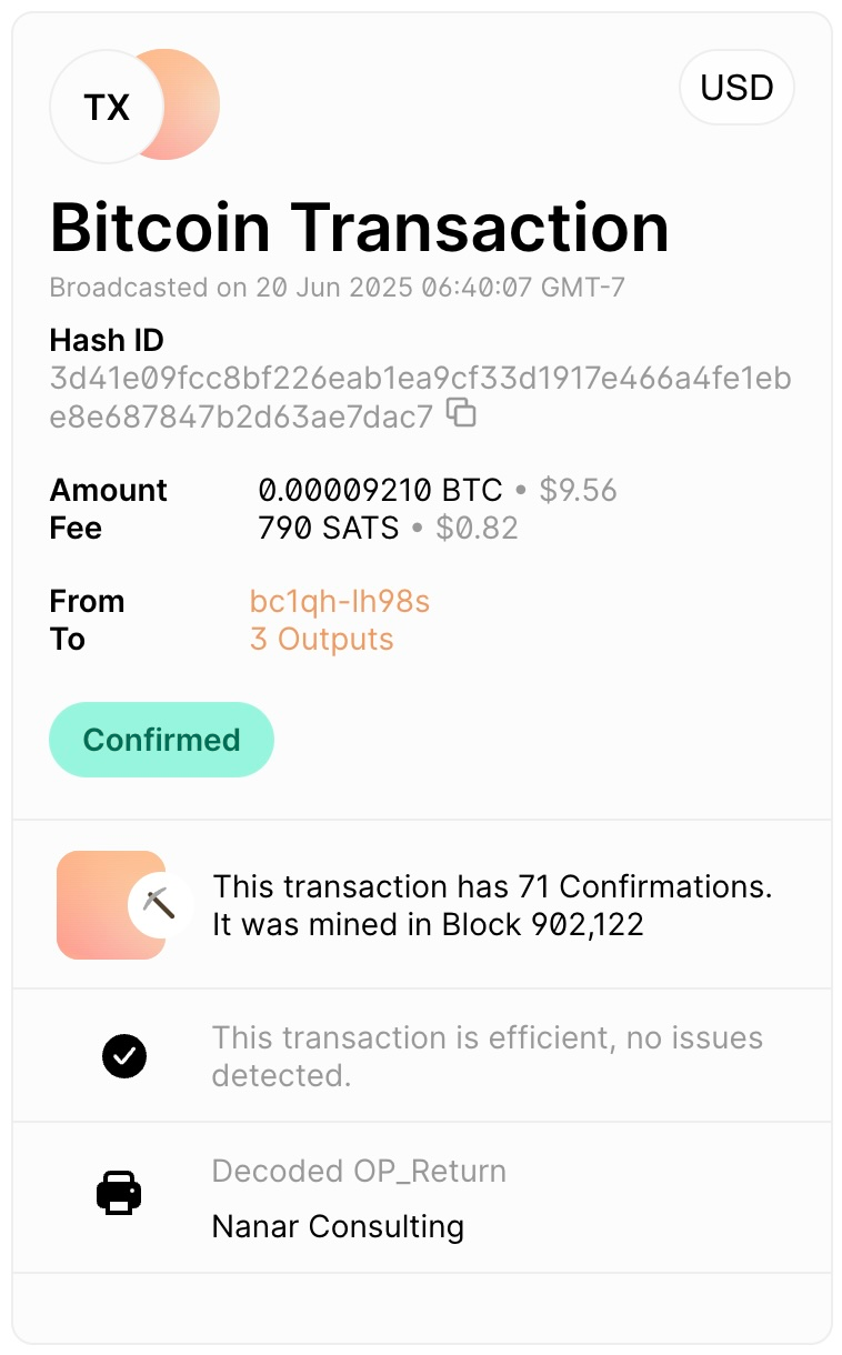 A Block Explorer showing the transaction with the decoded OP_RETURN data