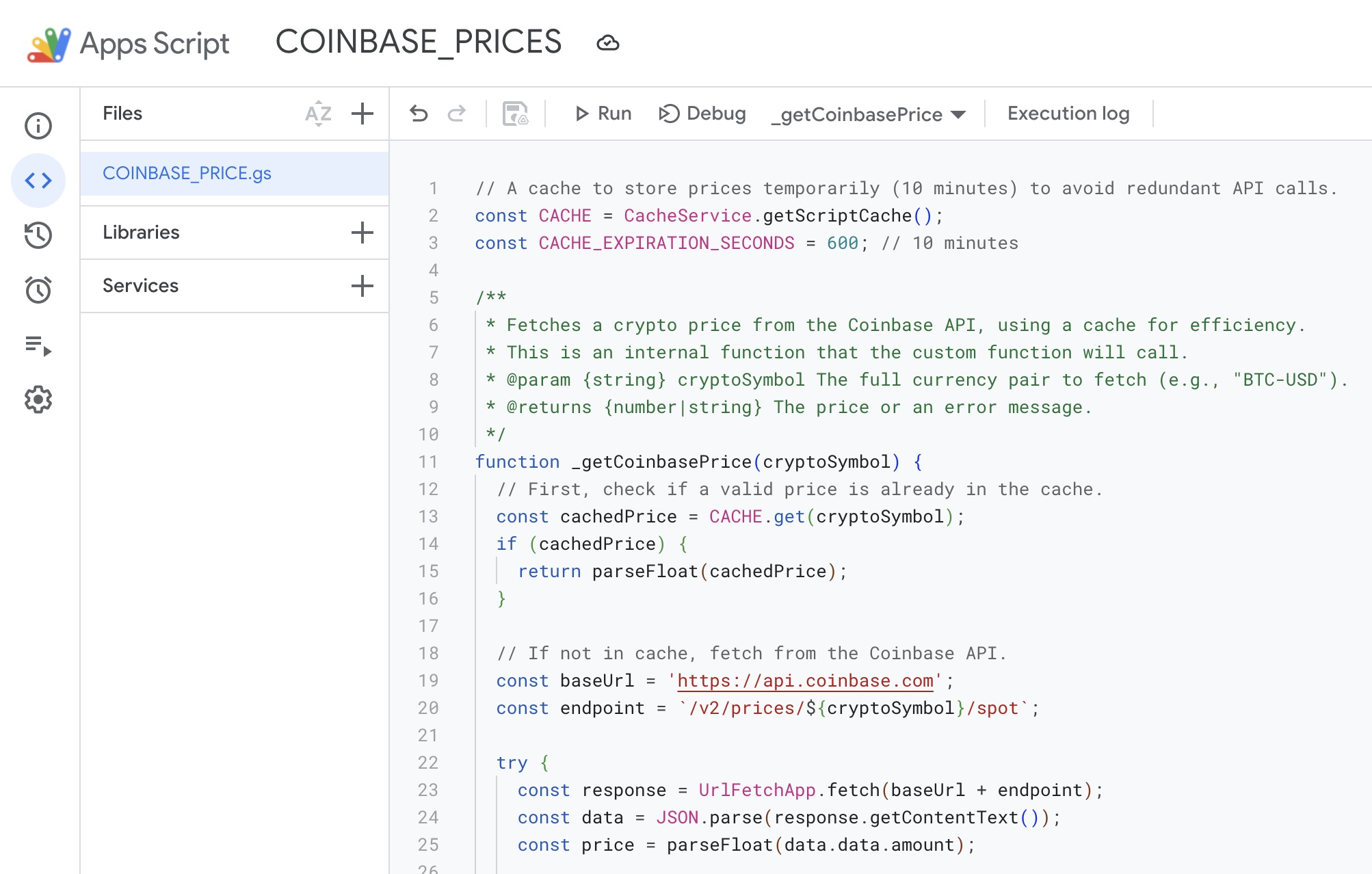 The Google Apps Script editor with the custom price function code.