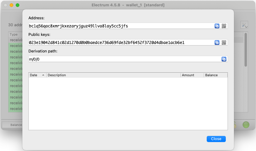 Electrum wallet showing the details of a Bitcoin address, including its public key.