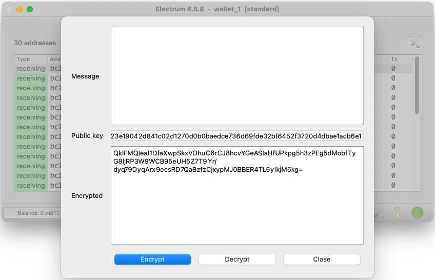 Pasting a received ciphertext into the Encrypted field in Electrum.