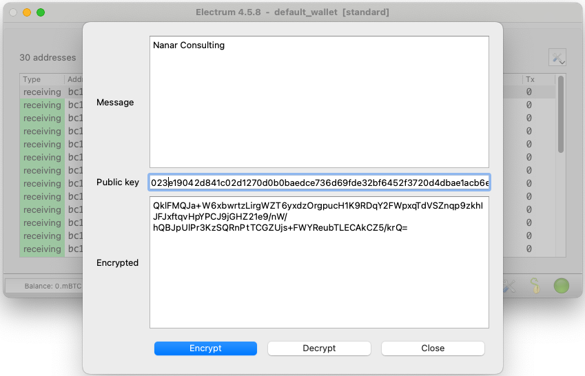Electrum's Encrypt/Decrypt dialog showing the final encrypted ciphertext.
