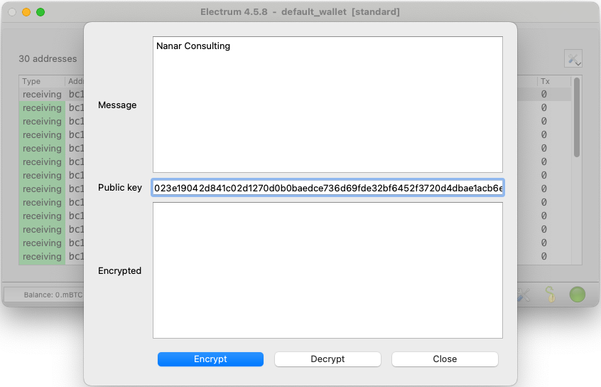 Electrum's Encrypt/Decrypt dialog with a message and a public key entered, before encryption.
