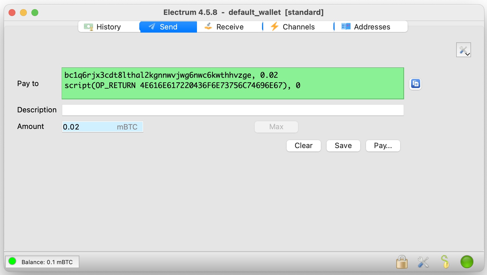 Pasting the multi-line output into Electrum's Pay to field