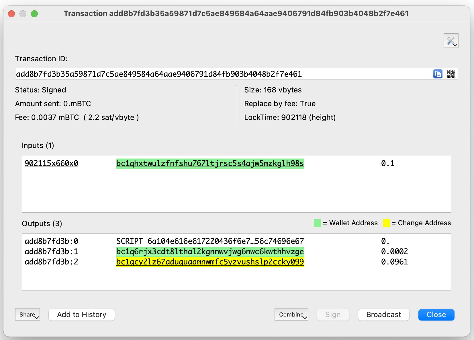 Reviewing the signed transaction in Electrum before broadcasting