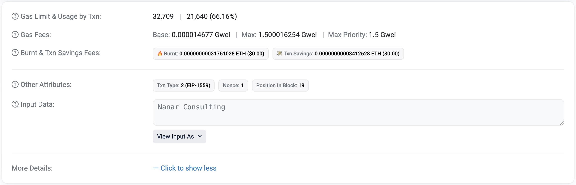 A Block Explorer showing the transaction with the decoded Input Data