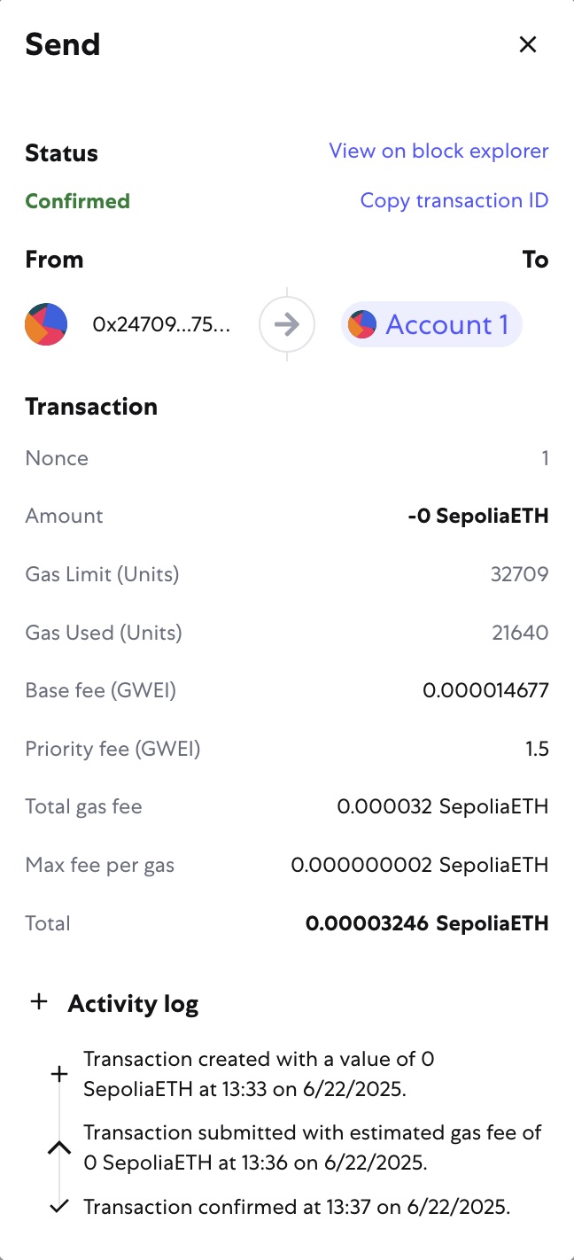 The confirmed transaction shown in the MetaMask activity log with timestamp