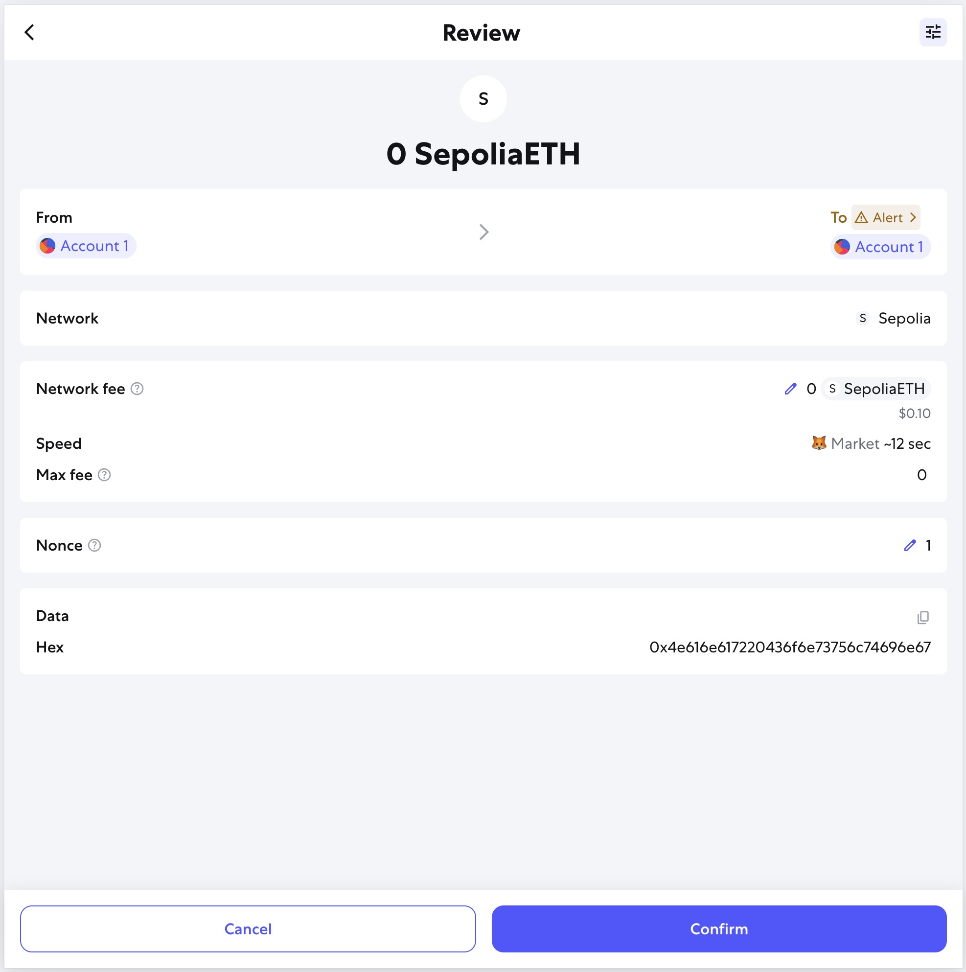 Reviewing the signed transaction in MetaMask before broadcasting